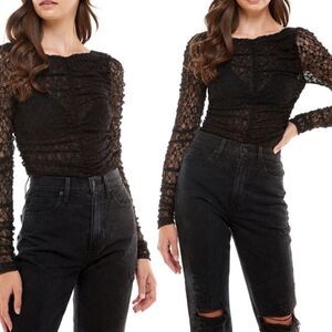 Wayf Claude Black Sheer Lace Ruched Long Sleeve Bodysuit Women's Size XS NWT